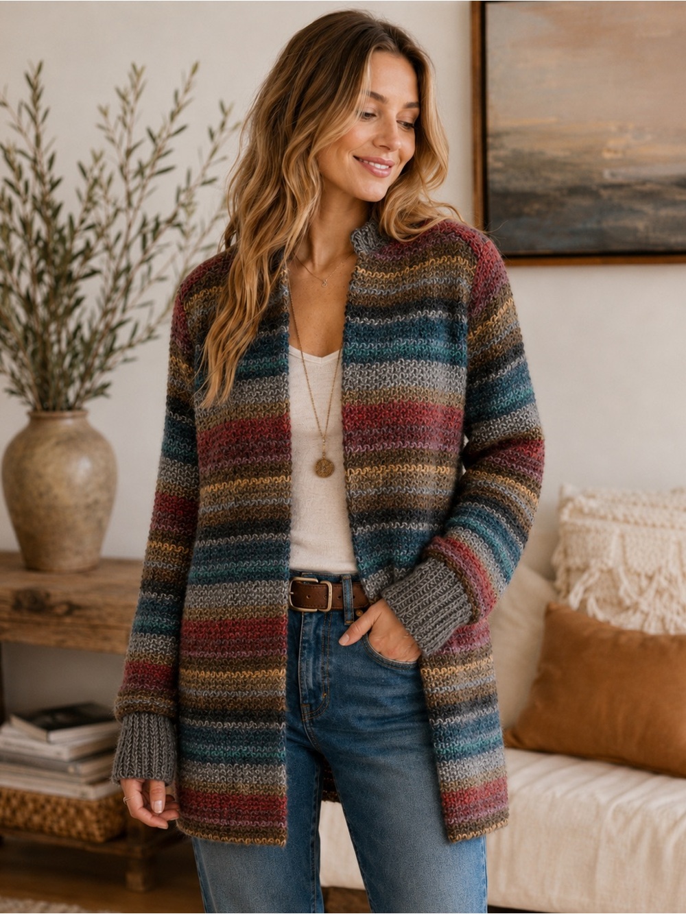 Vintage Koret Mohair Blend Striped Cardigan Women’s Large Boho Fall Sweater